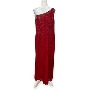 Scala Women's 1X Red One Shoulder Beaded Silk Evening Gown Formal Prom Dress